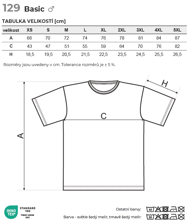129 Basic tričko pánské Tabulka velikostí